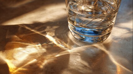 Glass of water, sunlit shadows