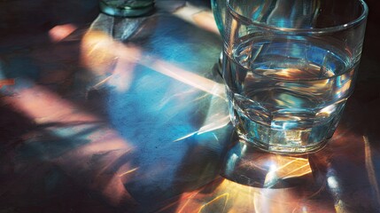 Sunlight streams through, illuminating a glass of water on a textured surface