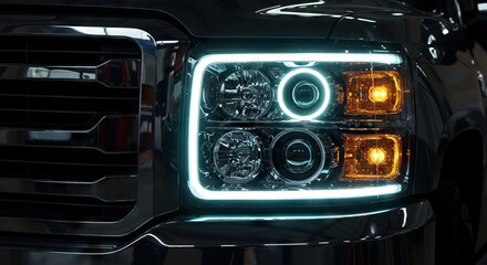 Obraz premium Closeup of a dark trucks illuminated headlight showcasing a square design with chrome grille details