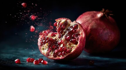 Pomegranate halves, seeds exploding