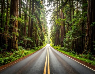 Fototapeta premium A paved road winds through a lush redwood forest, bathed in soft, natural light.