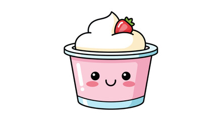 Cute Cartoon Yogurt Cup with Whipped Cream and Strawberry.