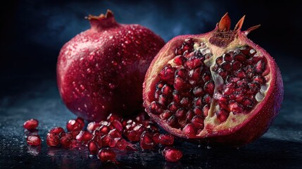 Two ripe pomegranates, wet with droplets, one whole, one halved, showcasing juicy seeds