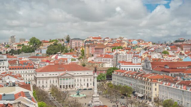 Lisbon Portugal time lapse high angle view city skyline at Rossio Square