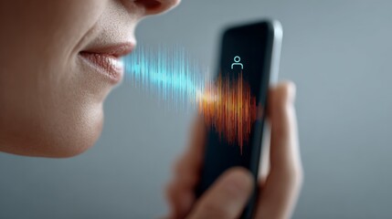 Businesswoman is using voice recognition and artificial intelligence on smartphone, sound waves are coming out of her mouth and entering smartphone, concept of communication technology