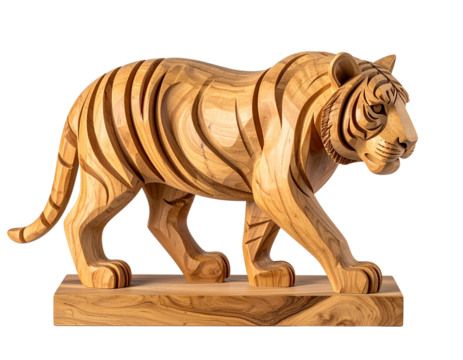 Minimalist Geometric Wooden Tiger Sculpture with Smooth Curves, Front View, Isolated on Transparent Background