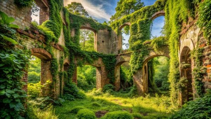 Obraz premium Overgrown Brick Ruins in a Lush Green Forest, Sunlit Arches and Verdant Walls, a Scene of Nature Reclaiming Ancient Stonework