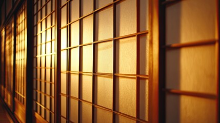 Golden light filters through traditional Japanese Shoji screens