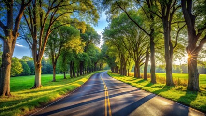 Fototapeta premium Scenic Asphalt Roadway Through Lush Green Tree-Lined Avenue Bathed in Golden Sunlight