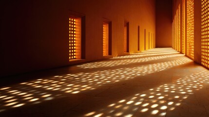 Warm, sunlit corridor with patterned shadows