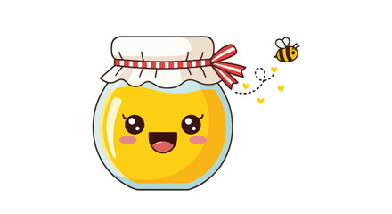 Adorable Kawaii Honey Jar with a Cute Bee Flying Nearby.