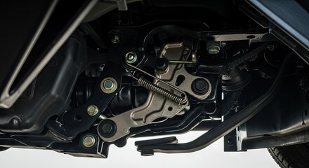 Fototapeta premium Underside of a car showing black and silver mechanical parts with bolts and a spring
