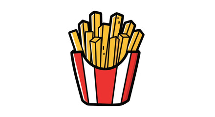 A vibrant illustration of a red and white striped carton filled with golden french fries.