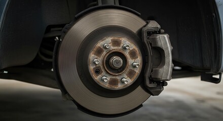 A cars brake disc is shown complete with its calliper and wheel bolts