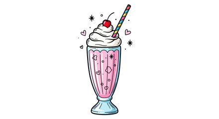 Pink Milkshake with Whipped Cream, Cherry, and Striped Straw Illustration.