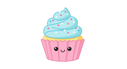 Adorable Pink Cupcake with Light Blue Swirl Frosting and Sprinkles.