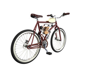 Fototapeta premium Antique Style Engine Bicycle 3D Illustration: Classic Appeal Retro Two-Wheeler with Small Fuel Tank. A Modern Classic Motor Bike Concept for Road Travel and Eco Transport. Isolated on White.