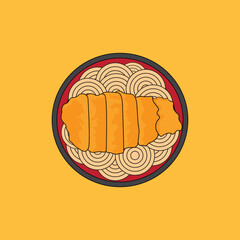 Japanese noodles ramen with fried chicken isolated illustration vector. Katsu ramen noodle soup icon design. Katsu curry noodles cartoon vector.