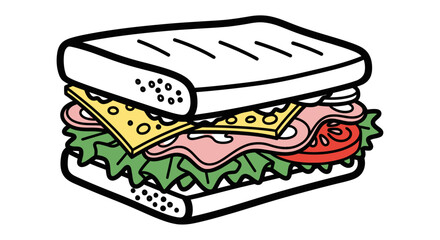 Cartoon Sandwich with Ham, Cheese, Lettuce, and Tomato.