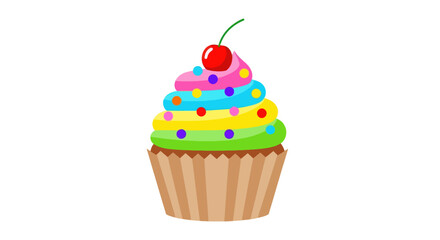 Vibrant Cartoon Cupcake with Colorful Frosting, Sprinkles, and a Cherry.