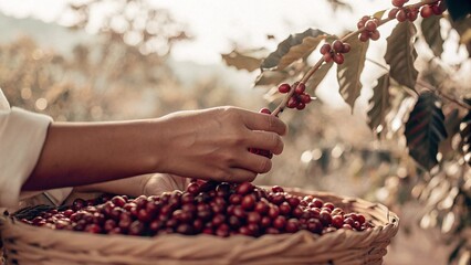 Banner hands harvest red seed in basket robusta arabica plant farm. Coffee plant farm Close up woman Hands harvest raw coffee beans. Ripe Red berry plant fresh seed coffee tree growth with copy space