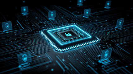 Glowing AI core on dark circuit board with padlocks and digital shield icons in neon blue cybersecurity theme