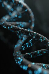 A detailed close-up view of a stylized, intricate DNA strand, showing binary code glowing in a deep blue hue, highlighting the complex design and intricate texture.