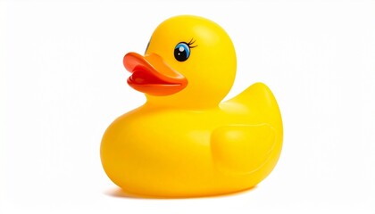 Classic yellow rubber duck toy with painted eyes wide smile lightweight floating design safe material and traditional bath play accessory for children isolated on white background
