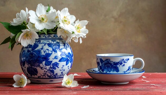 Cobalt blue and white handmade ceramic pottery tea cup ald flower vase in floral pattern. 