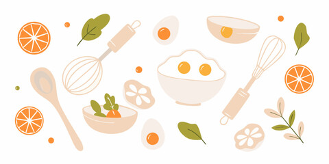 Whimsical kitchen illustration featuring eggs oranges rolling pin whisk and fresh ingredients for cooking and baking