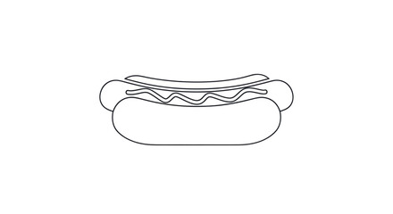 A simple black outline drawing of a classic hot dog in a bun with a zigzag of mustard.