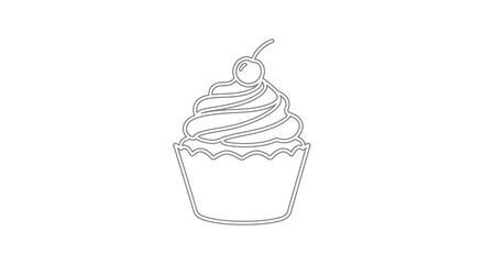 Simple Outline Drawing of a Whipped Cream Cupcake with Cherry.