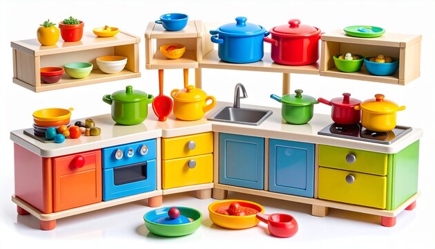 Complete plastic toy kitchen set with miniature stove sink utensils colorful pots pans and pretend play food items designed for educational role play isolated on white background
