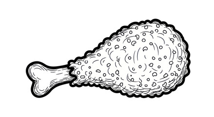 Hand-drawn fried chicken drumstick line art illustration, crispy texture, bone visible, fast food concept.