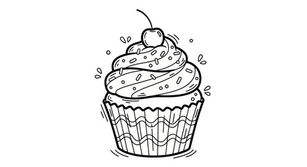 Detailed Line Art Illustration of a Cupcake with Cherry Topping.