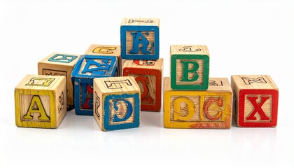 Wooden alphabet learning blocks with carved letters painted in multiple colors sturdy construction classic educational toy for toddlers to recognize letters numbers and shapes isolated on white backgr