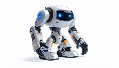 Remote control robot toy with articulated arms movable legs LED lights futuristic design strong plastic body and advanced interactive play features for kids isolated on white background
