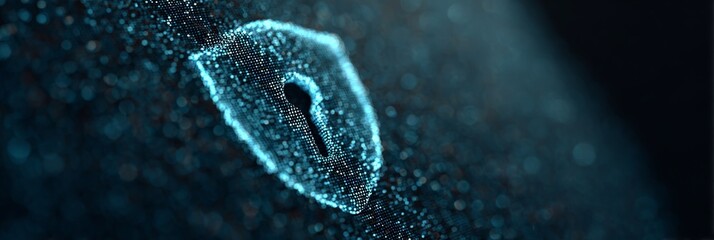 Digital shield glowing, keyhole forming from particles, protecting sensitive data within interconnected cybersecurity network representing advanced ai technology