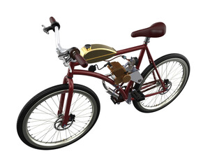 Fototapeta premium Antique Style Engine Bicycle 3D Illustration: Classic Appeal Retro Two-Wheeler with Small Fuel Tank. A Modern Classic Motor Bike Concept for Road Travel and Eco Transport. Isolated on White.