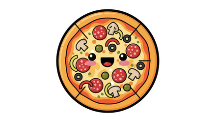 Adorable Cartoon Pizza with Pepperoni, Mushrooms, and Olives.