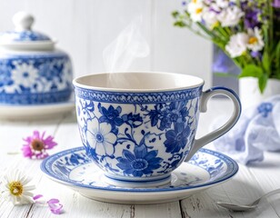 Fototapeta premium Cobalt blue and white handmade ceramic pottery hot coffee mug in floral pattern. 