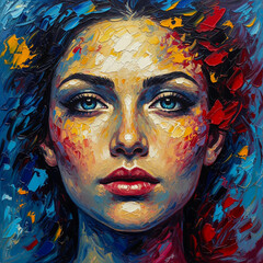 An artistic, close-up portrait of a woman's face painted with thick, vibrant strokes of blue, red, yellow, and white, giving it a textured and expressive look.