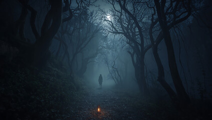 Fototapeta premium Eerie Forest Path A Lone Figure Navigating Through the Misty Darkness with a Glowing Lantern Leading the Way