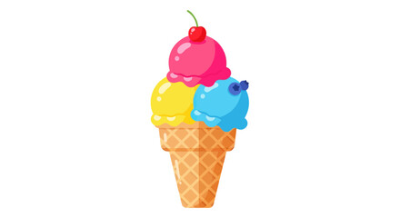 Colorful Three Scoop Ice Cream Cone with Cherry Topping.