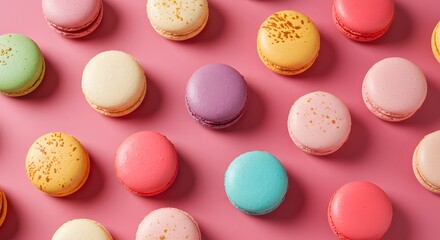 Obraz premium Colorful macarons on pink surface overhead view of sweet treats