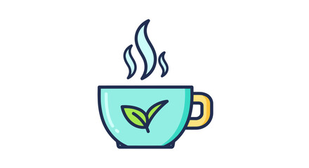 Aromatic Teal Teacup with Steam and Leaf Design.