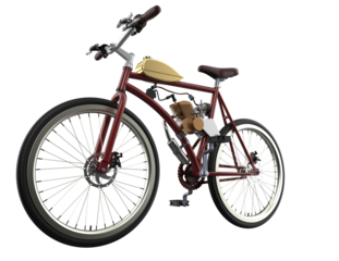 Vintage Motorized Bicycle 3D Render: Detailed maroon frame bike with white-wall tires, engine kit, isolated on high-resolution PNG transparent background. Retro urban commuting vehicle asset.