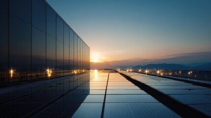 Sleek black solar panels absorb sunlight on a modern rooftop, alternative energy, global warming