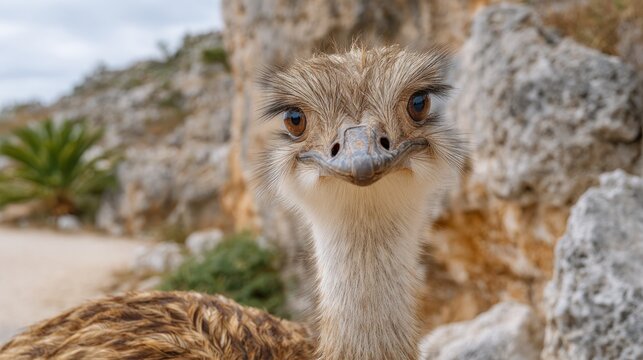 Curious Ostrich Staring: A close-up of an ostrich, its gaze fixed on the viewer with an expression of curiosity. The intricate details of its feathers are highlighted.