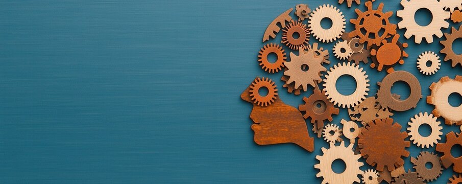 A creative arrangement of wooden gears forms a silhouette of a human head against a textured blue background, symbolizing thought and innovation.